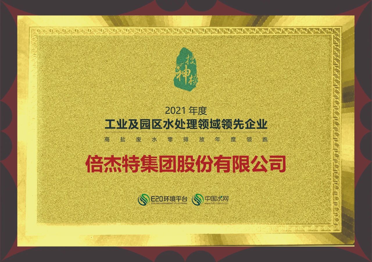 2021年度“工业及园区水处置领域当先企业-高盐废水零排放年度领跑企业”